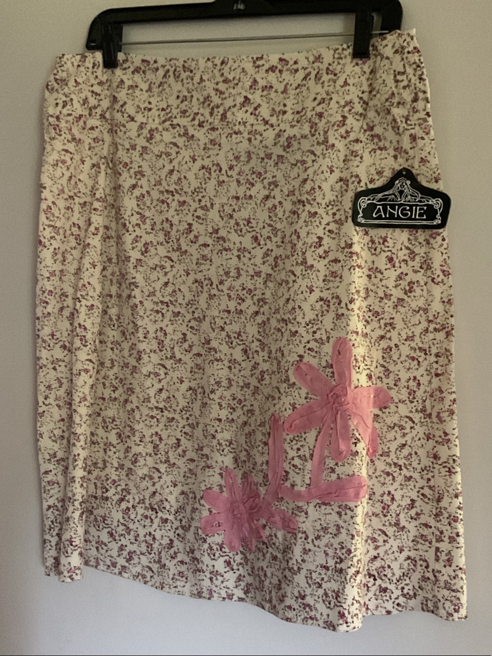 Angie Cream A-Line Skirt with Pink Floral Applique